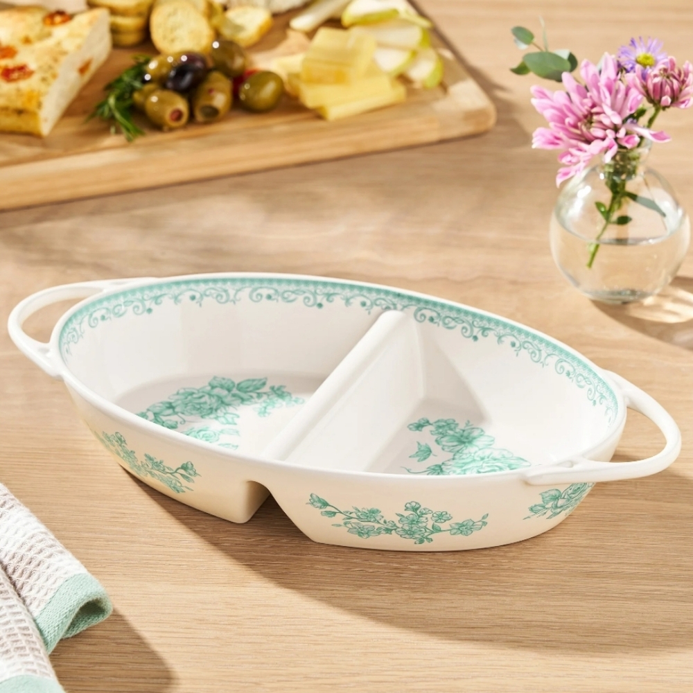 💜 New The Pioneer Woman Agatha  Green and White Floral Divided Dish